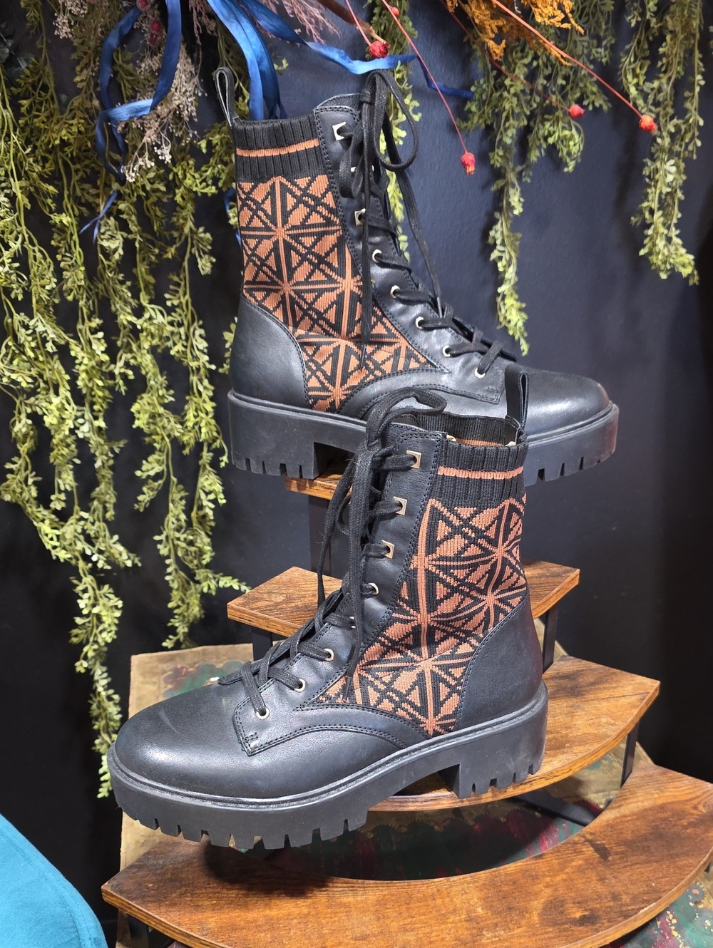 ANTONIO MELANI Black and Brown  Geometric Knit & Leather Lace-Up Combat Boots
